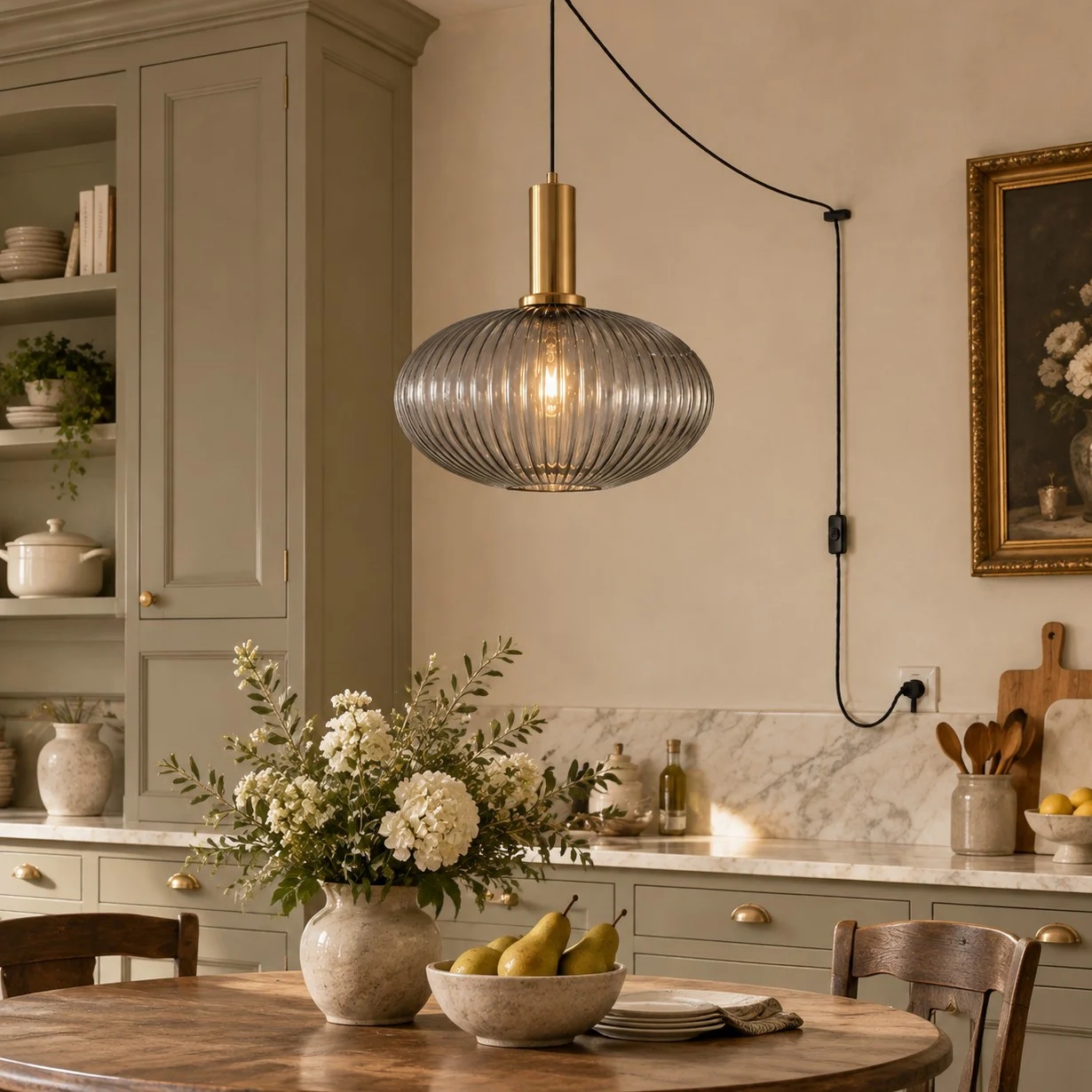 Retro ribbed glass plug-in pendant light in a home interior