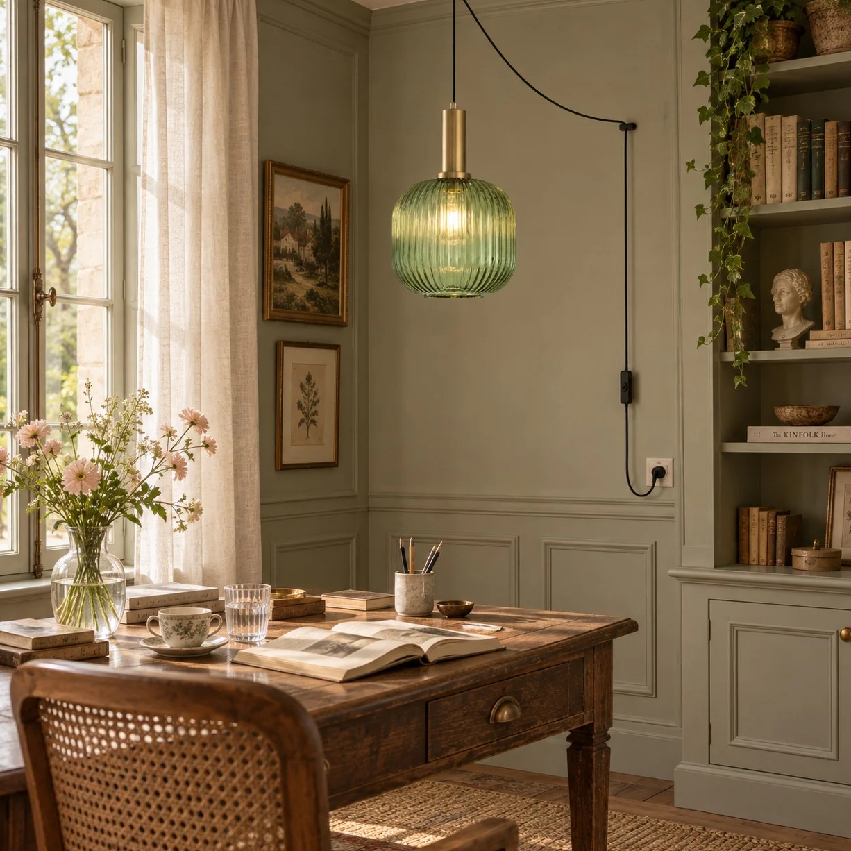 Retro ribbed glass plug-in pendant light in a home interior