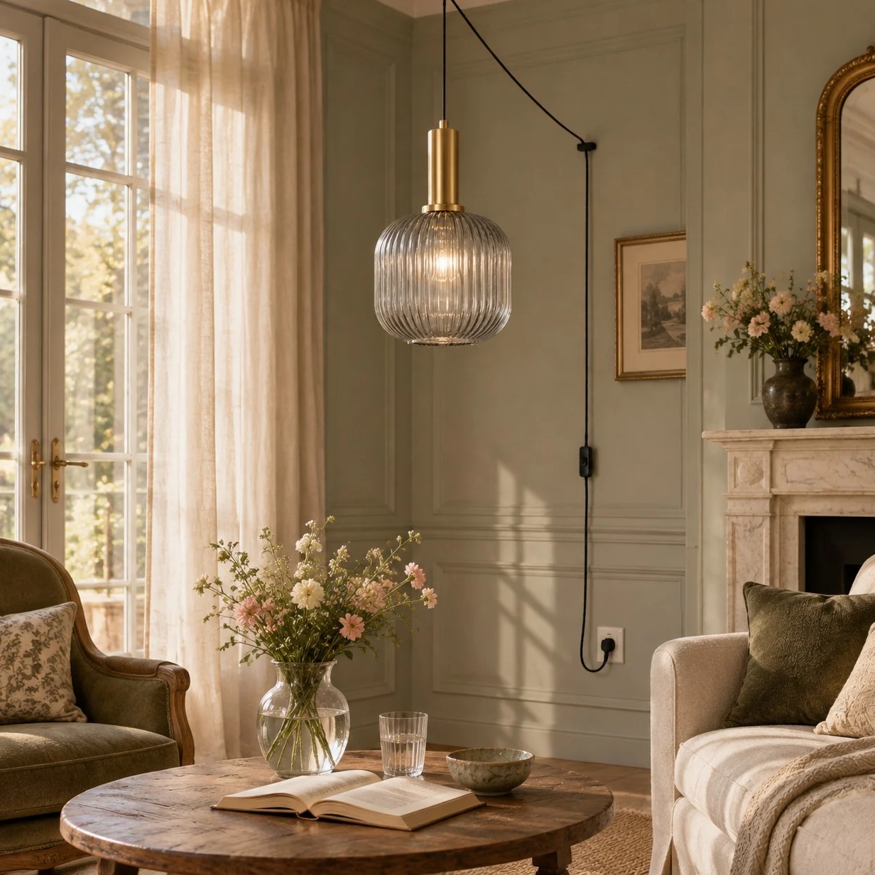 Retro ribbed glass plug-in pendant light in a home interior