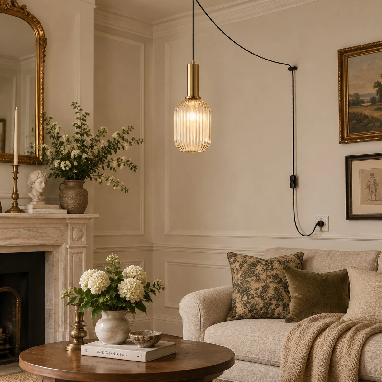 Retro ribbed glass plug-in pendant light in a home interior
