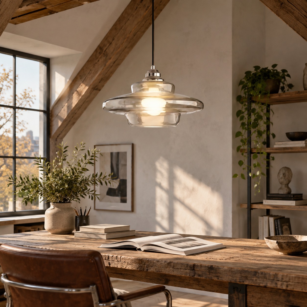 HL190 Transparent C pendant in a loft workspace