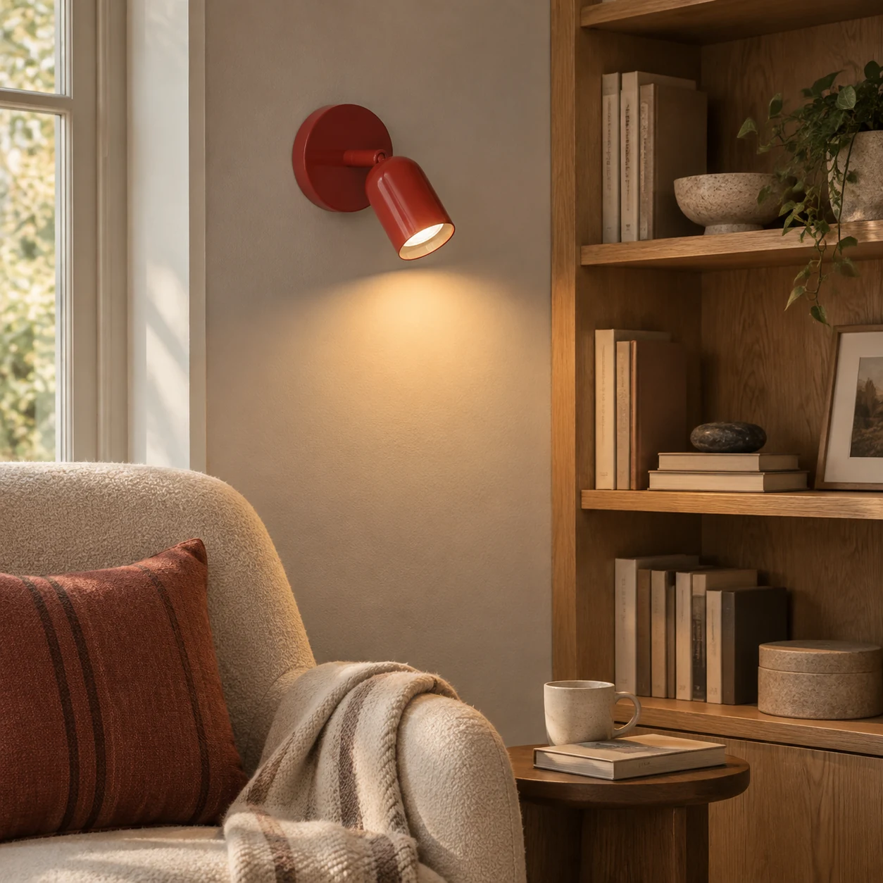 Röd HL293 vägglampa bredvid en fåtölj och bokhylla