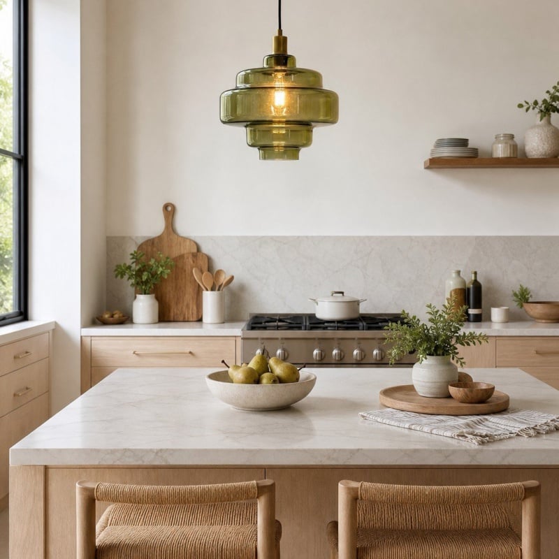 Lámpara colgante sobre una isla de cocina luminosa