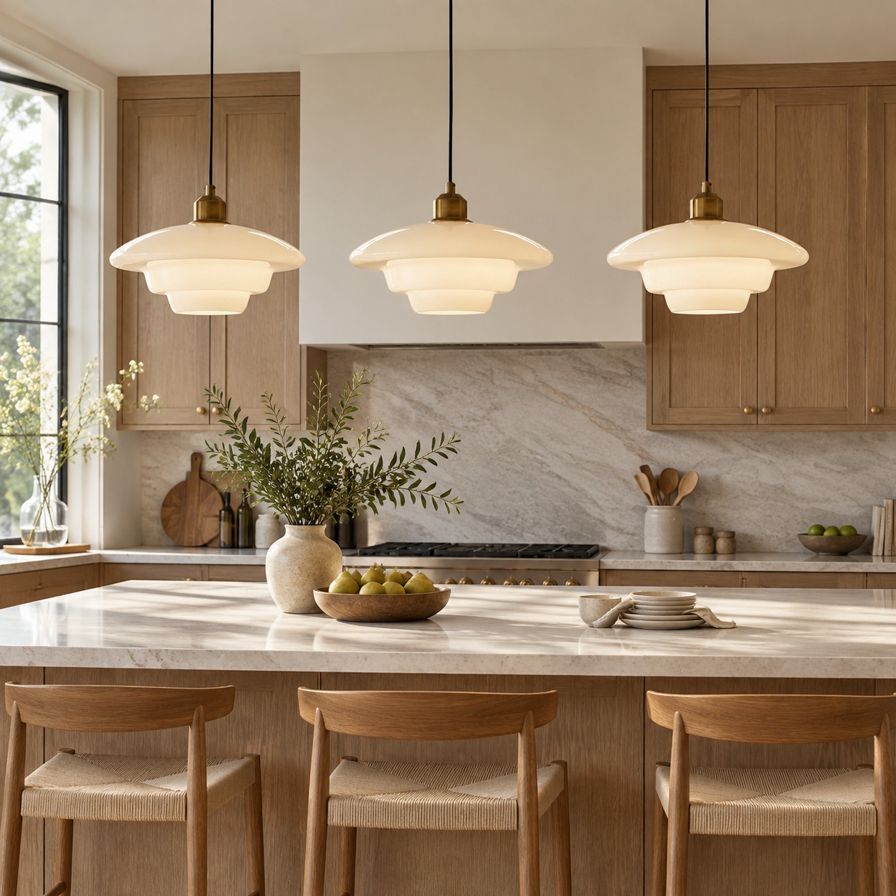Three HL190 pendants over a kitchen island