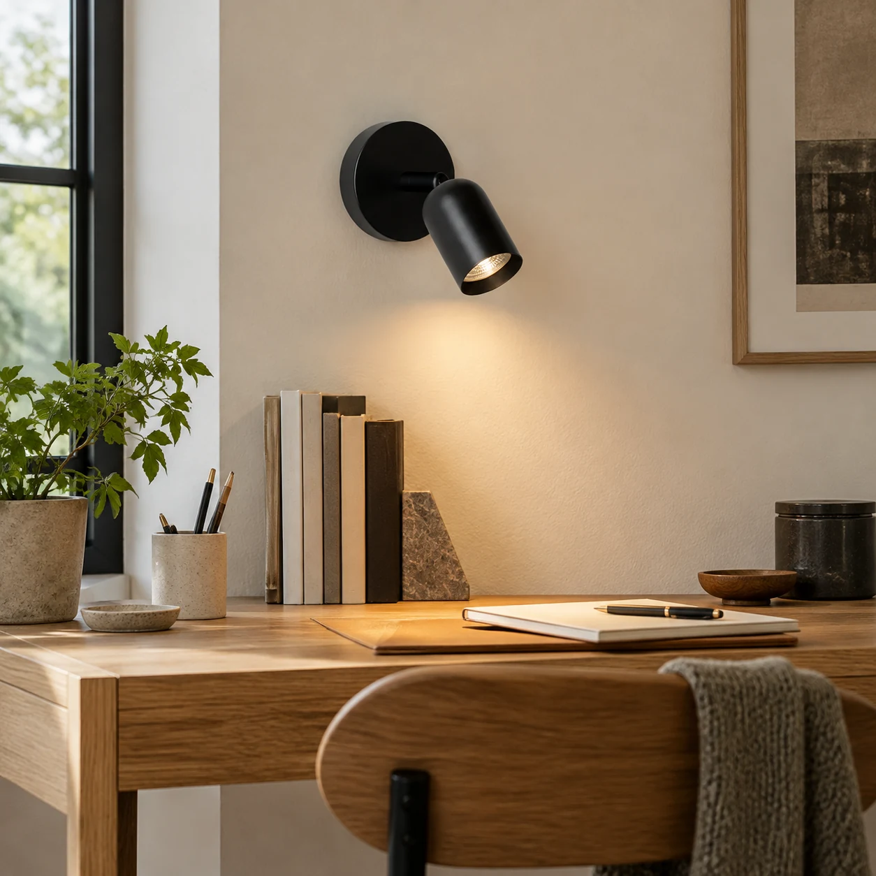 Svart HL293 vägglampa ovanför ett skrivbord i ett hemmakontor