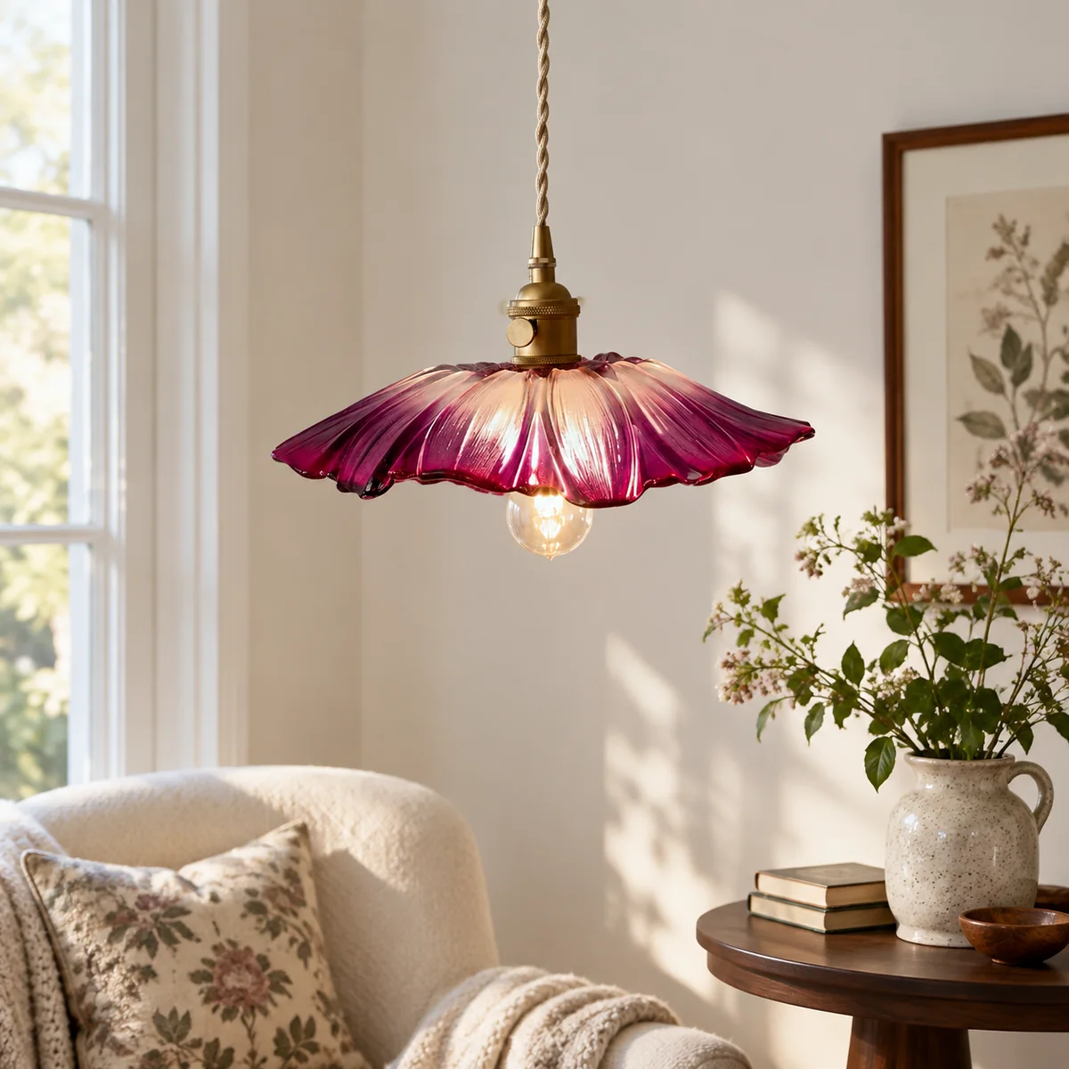 Suspension Lotus violette dans un coin lecture lumineux