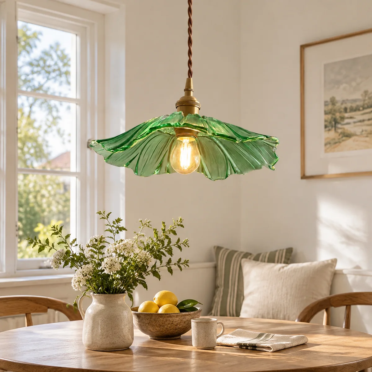 Suspension Lotus verte au-dessus d’une table de petit-déjeuner