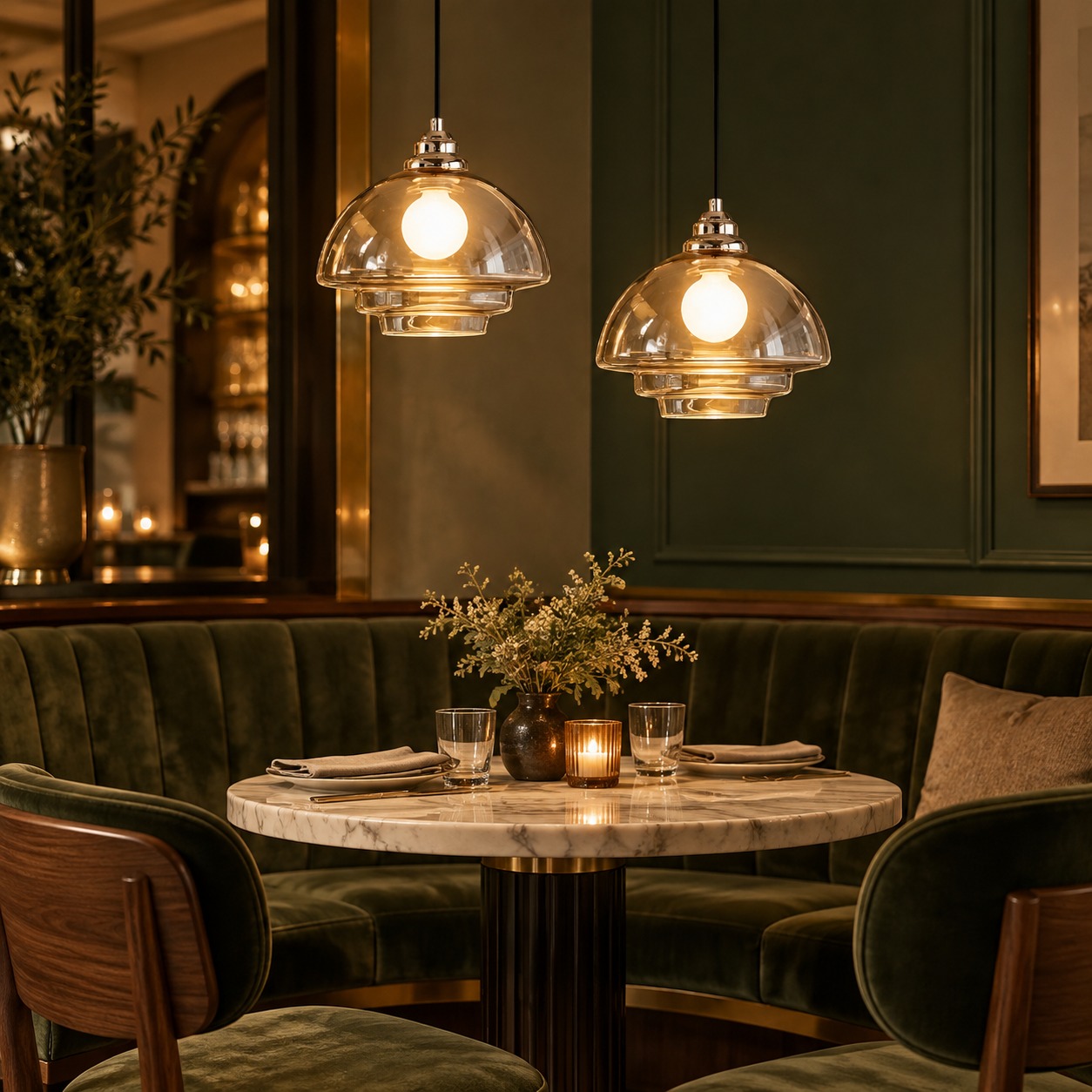 Two HL190 Transparent B pendants in a cafe