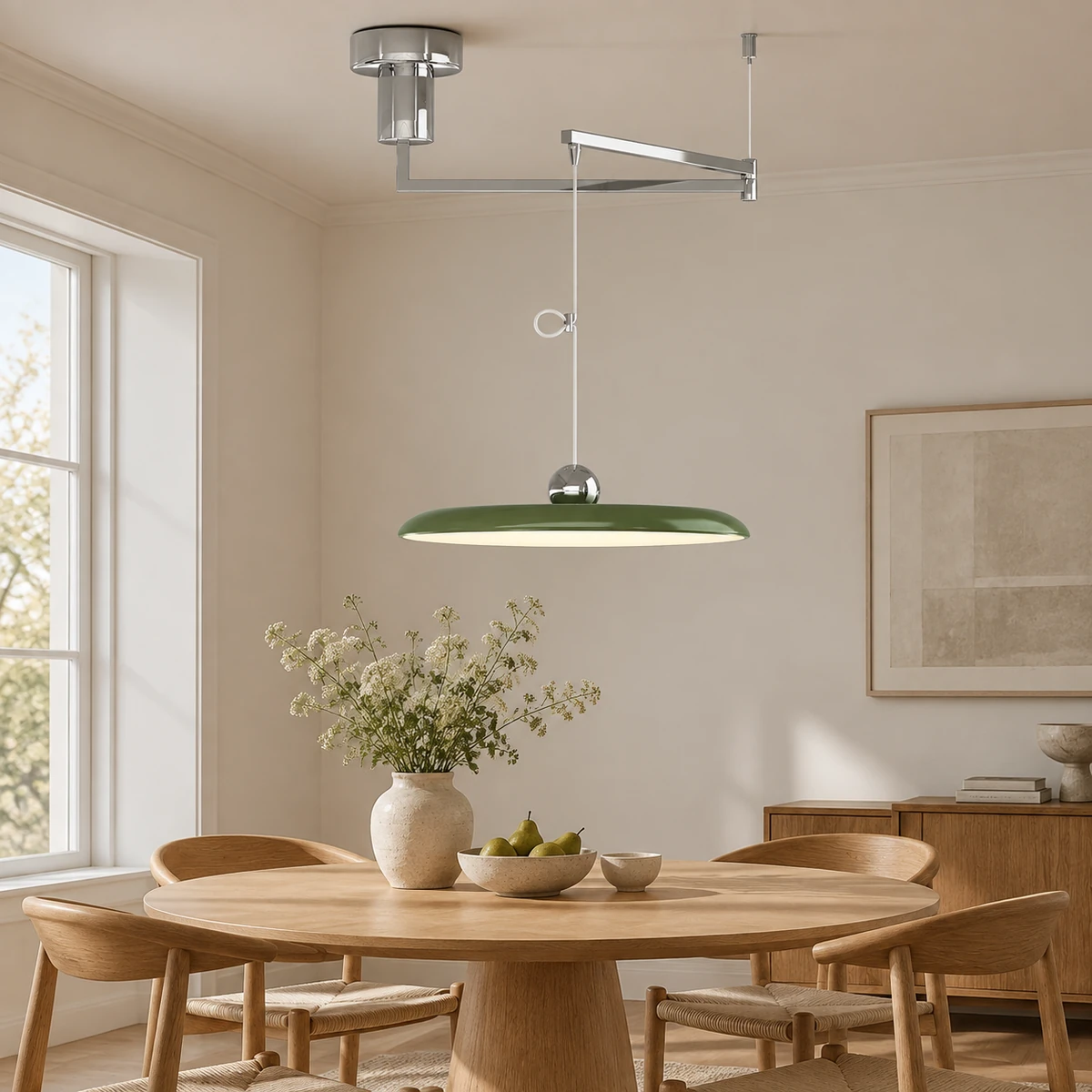 Chrome and green HL885 pendant in a Scandinavian dining room