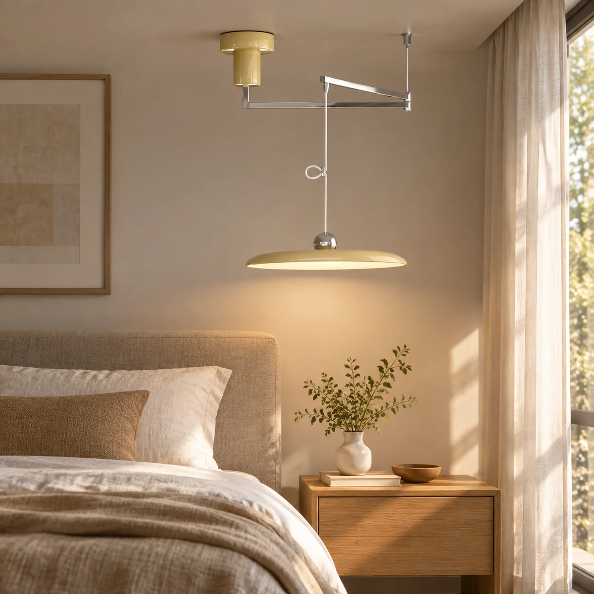 Chrome and beige HL885 pendant in a bedroom