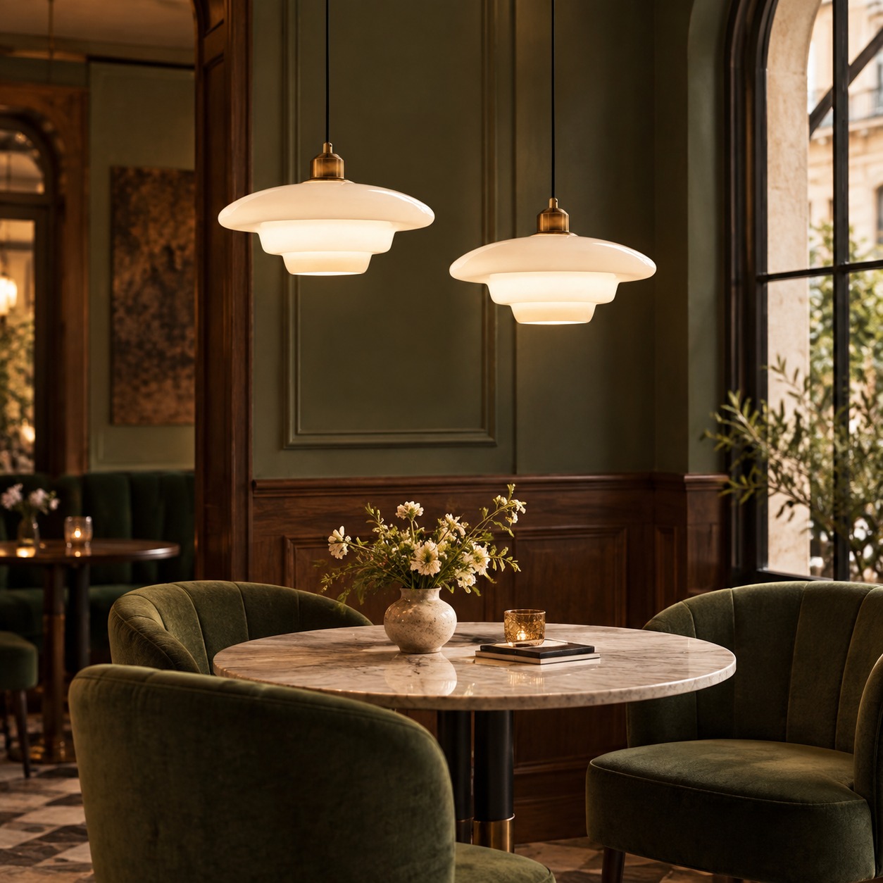 HL190 pendants in a boutique dining room