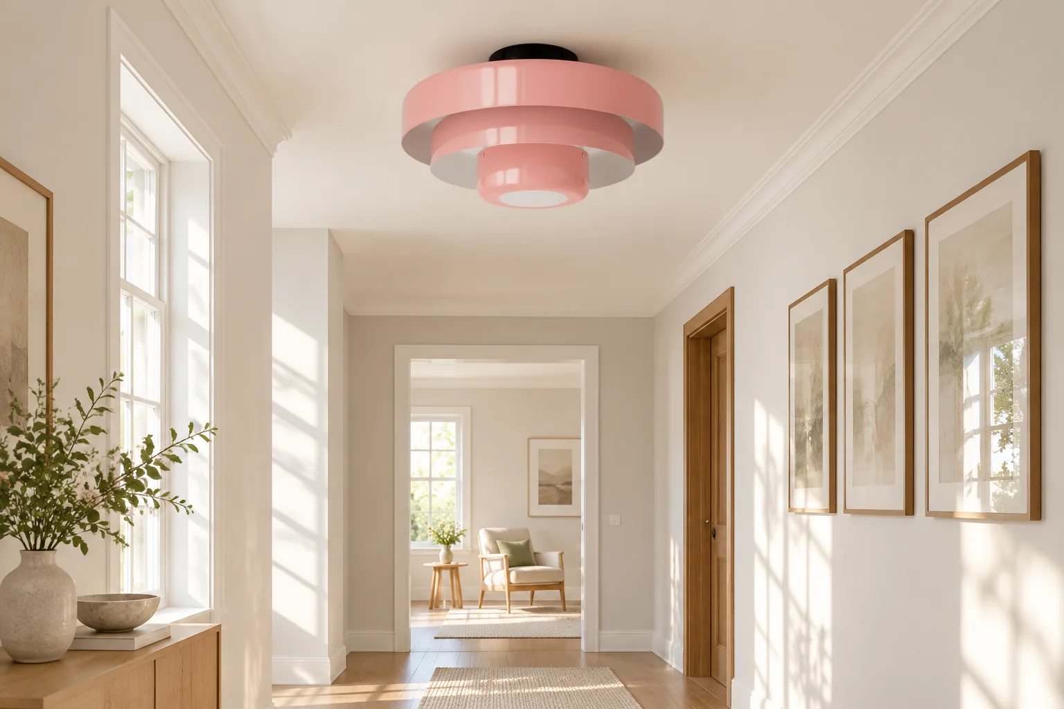 Pink HL1843 ceiling light in a bright hallway scene