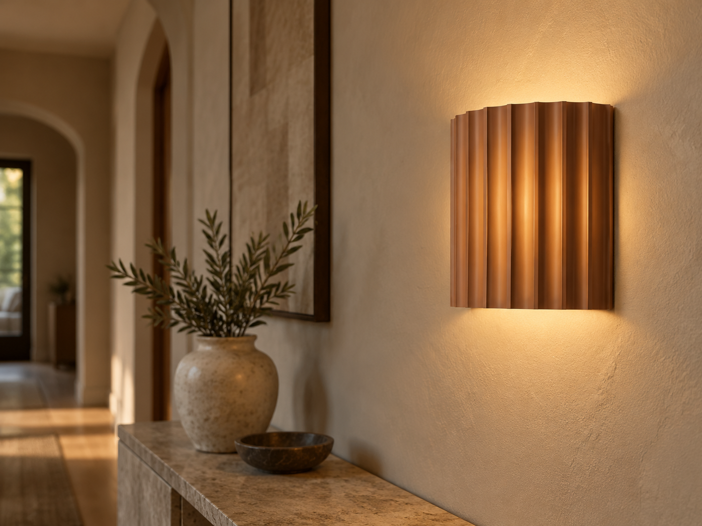 Räfflad vägglampa som lyser i en lugn hall