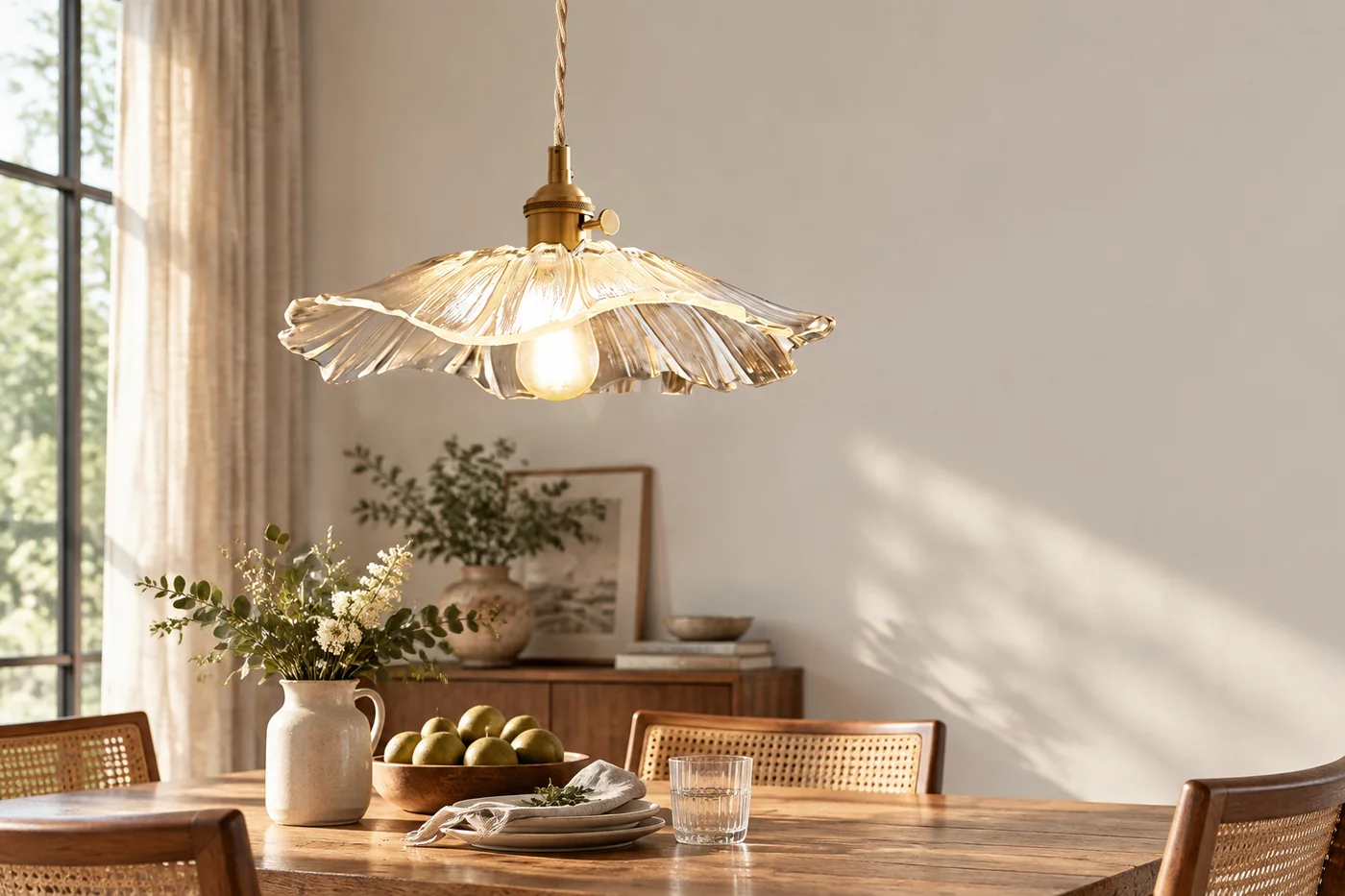 Suspension Lotus en verre dans une salle à manger lumineuse