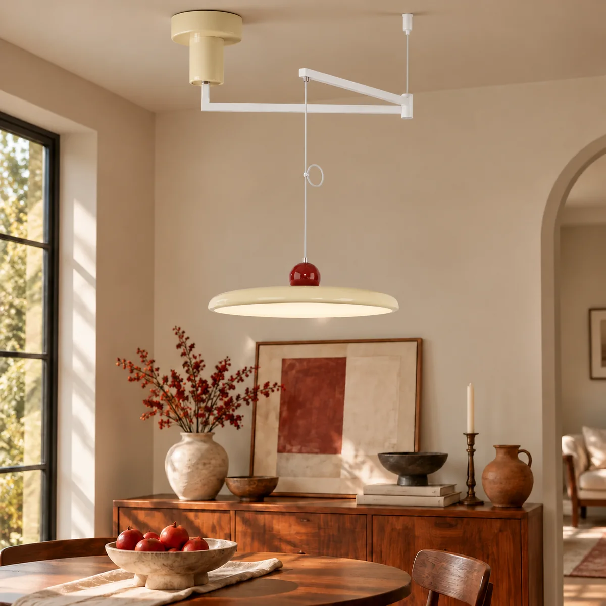 Red and beige HL885 pendant above a sideboard
