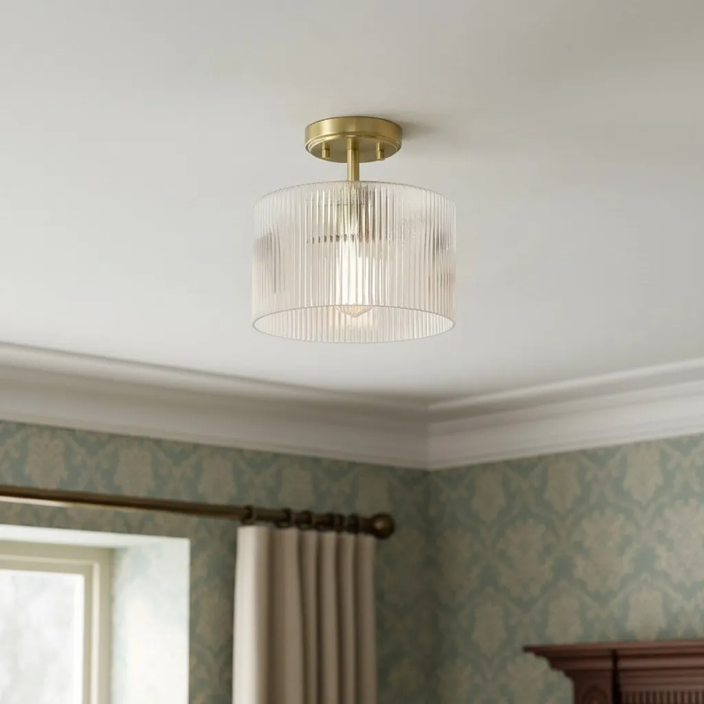 Rivora plafondlamp met ribbels en glazen kap - Moderne plafondlamp in landelijke stijl voor slaapkamer en hal HL2427