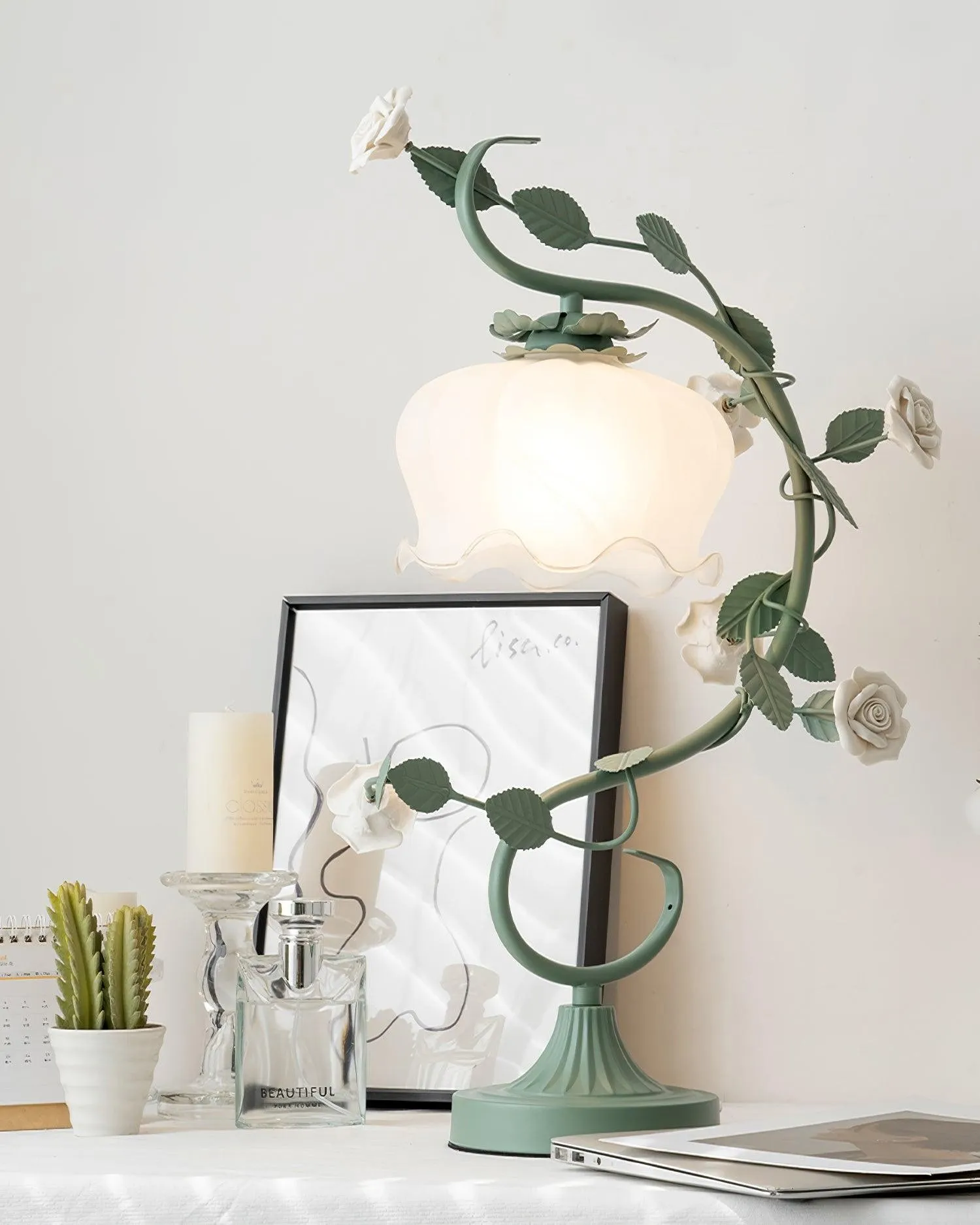 Groen Roze Wit Rozen Bloem Tafellamp HL767