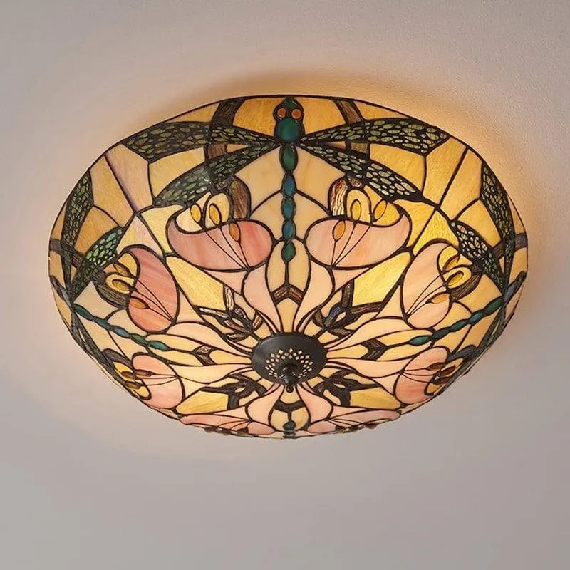 TF Ashton Tiffany glazen plafondlamp met libellemotief - overgangsstijl voor slaapkamers en woonkamers HL2256