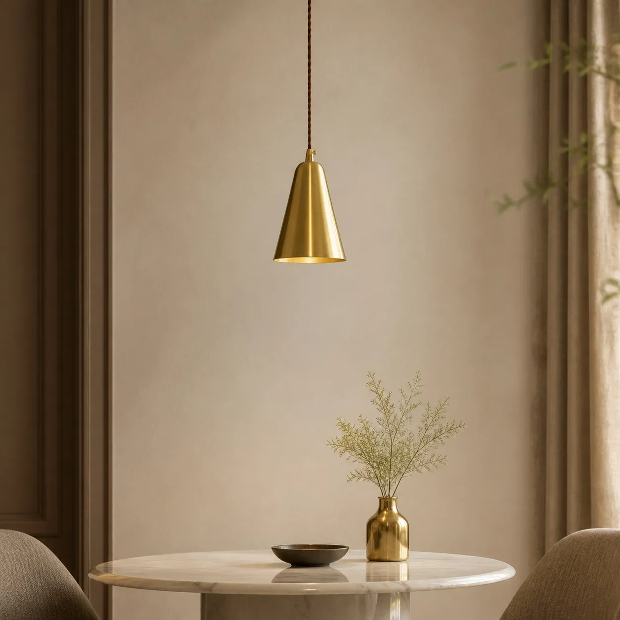 Tapered natural brass pendant light above a round dining table