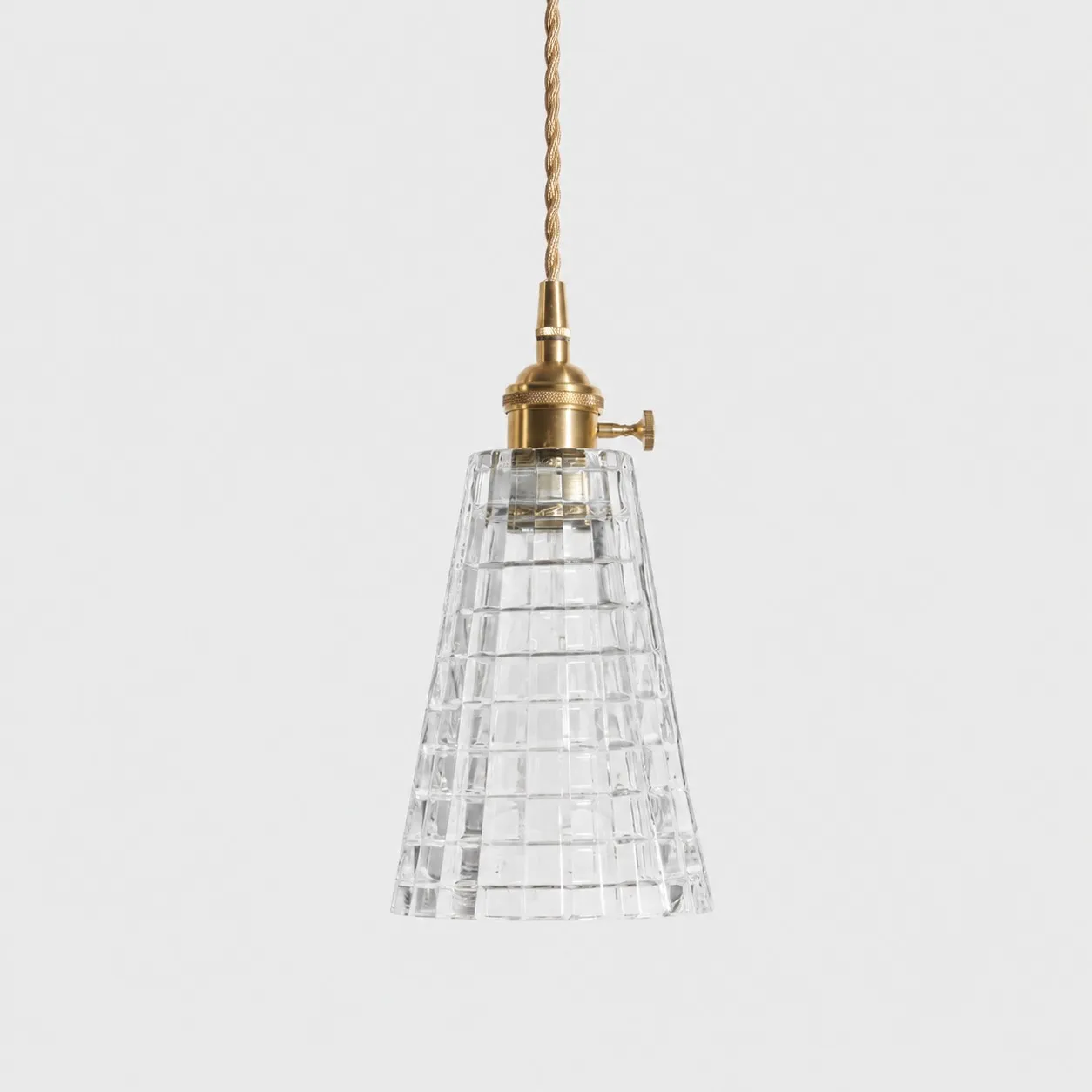 Style F textured glass shade with antique brass E27 socket, front view
