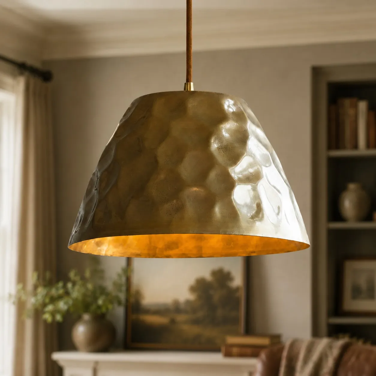 Hammered brass pendant light hanging in a warm living room interior