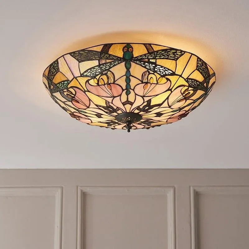 TF Ashton Tiffany glazen plafondlamp met libellemotief - overgangsstijl voor slaapkamers en woonkamers HL2256