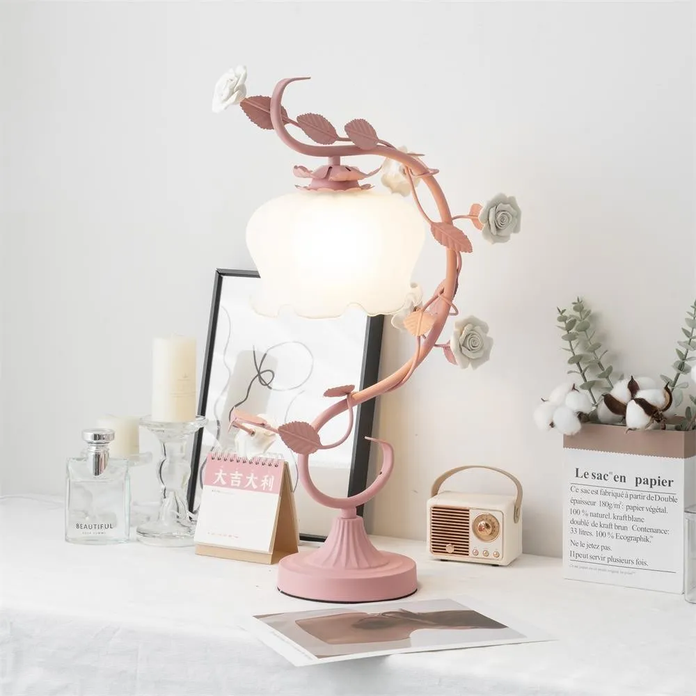 Groen Roze Wit Rozen Bloem Tafellamp HL767