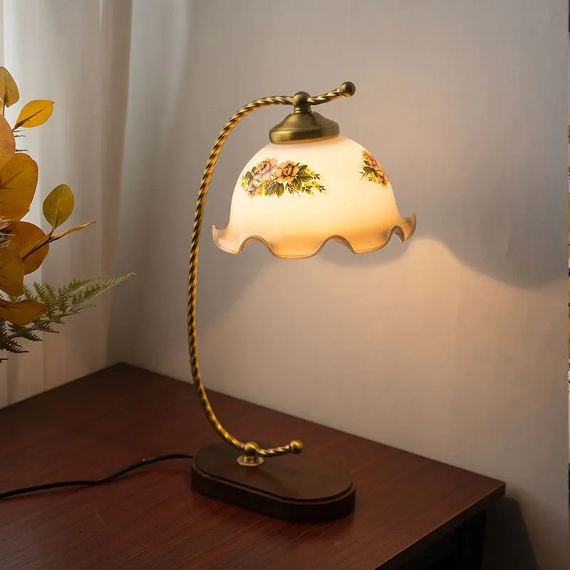 Mid Century Vintage Messing Glazen Bloem Tafellamp HL26
