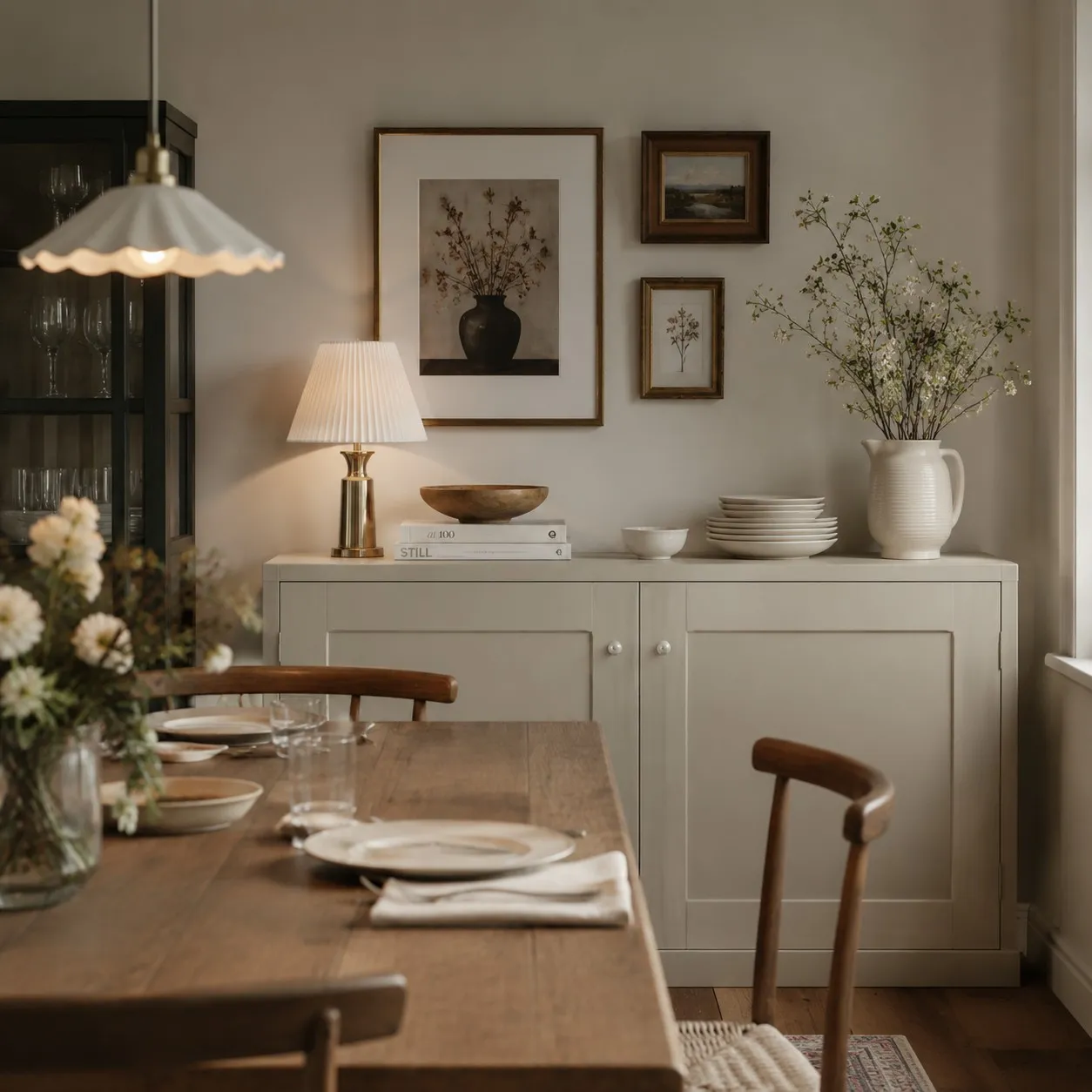 Pearl white cabinet knobs in a dining room
