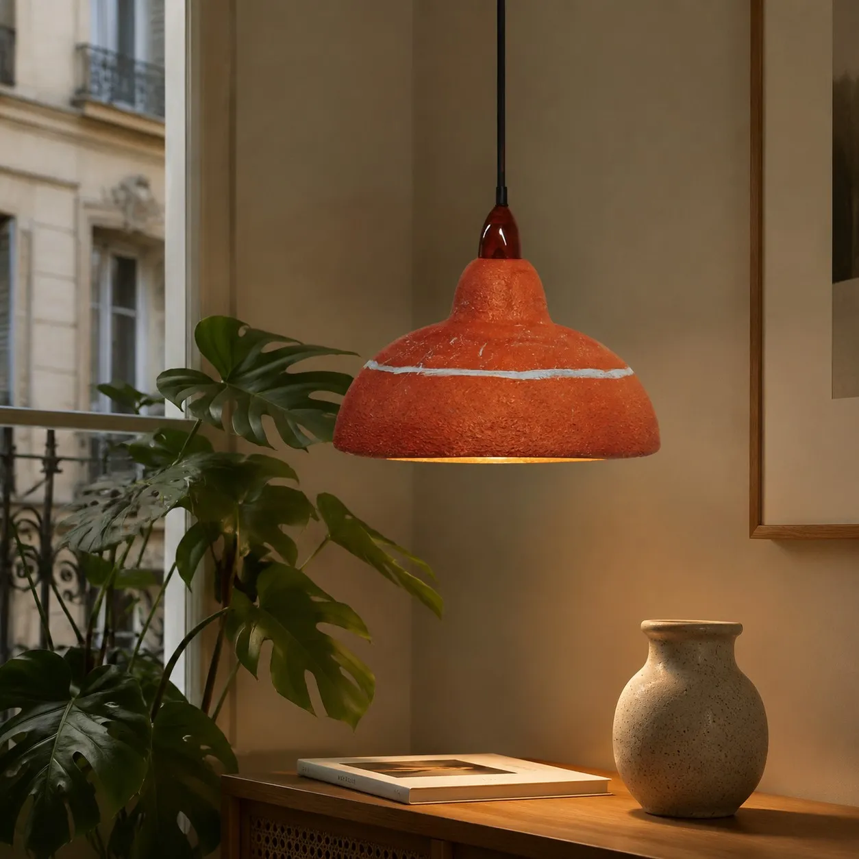 Terracotta resin pendant light in room setting