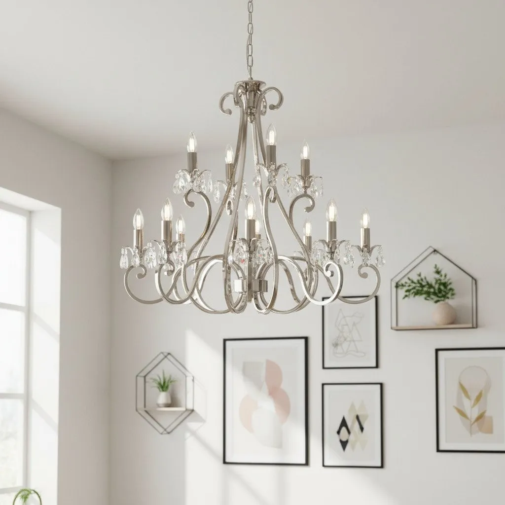 Talonis kristallen kroonluchter - traditionele kroonluchter in kaarsvorm, messing en nikkel, voor woonkamer en eetkamer HL2157