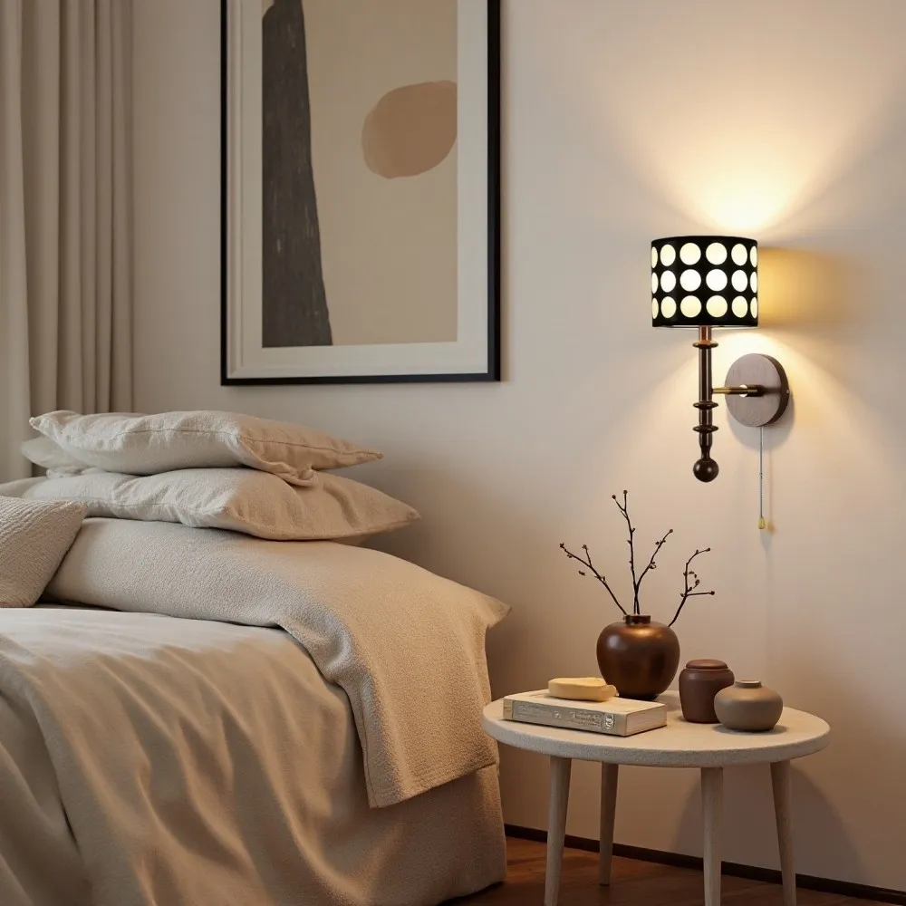 Franse witte stoffen cilindervormige wandlamp met stippen en essenhouten kap HL1118