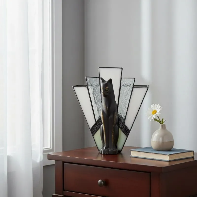 TF Felix Tafellamp - Art Deco Design met Glazen Kap en Kattenbeeldje voor Woonkamer of Slaapkamer HL2183