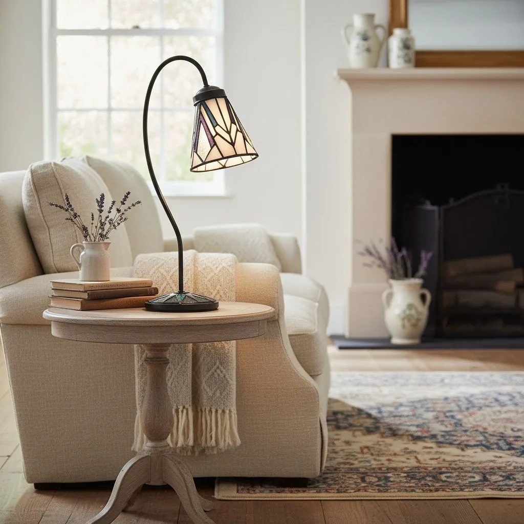 TF Astoria Tiffany tafellamp - Gebogen arm met zwanenhals en art deco glazen kap voor op het bureau HL2222