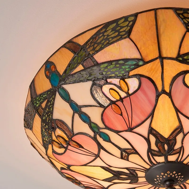 TF Ashton Tiffany glazen plafondlamp met libellemotief - overgangsstijl voor slaapkamers en woonkamers HL2256