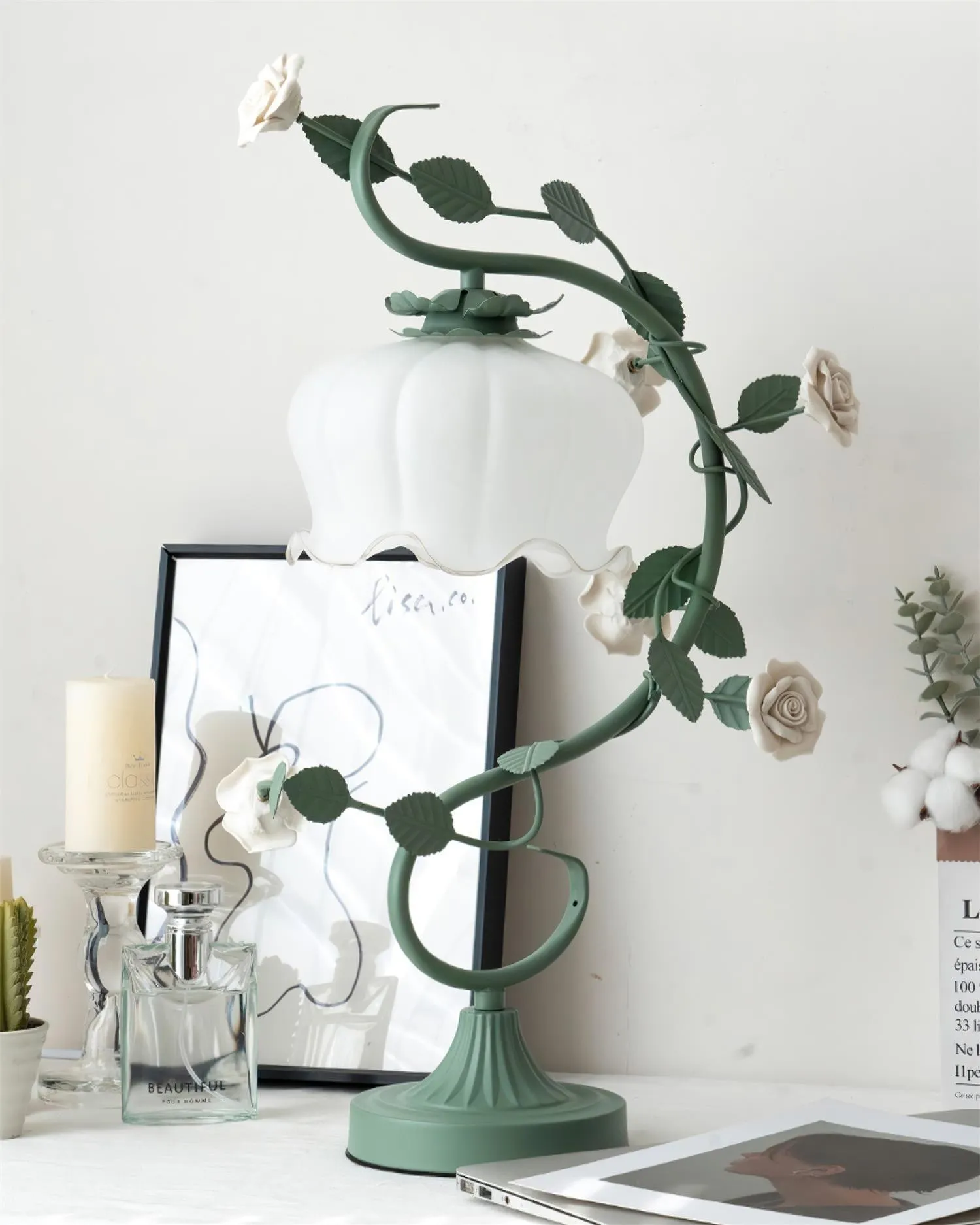 Groen Roze Wit Rozen Bloem Tafellamp HL767