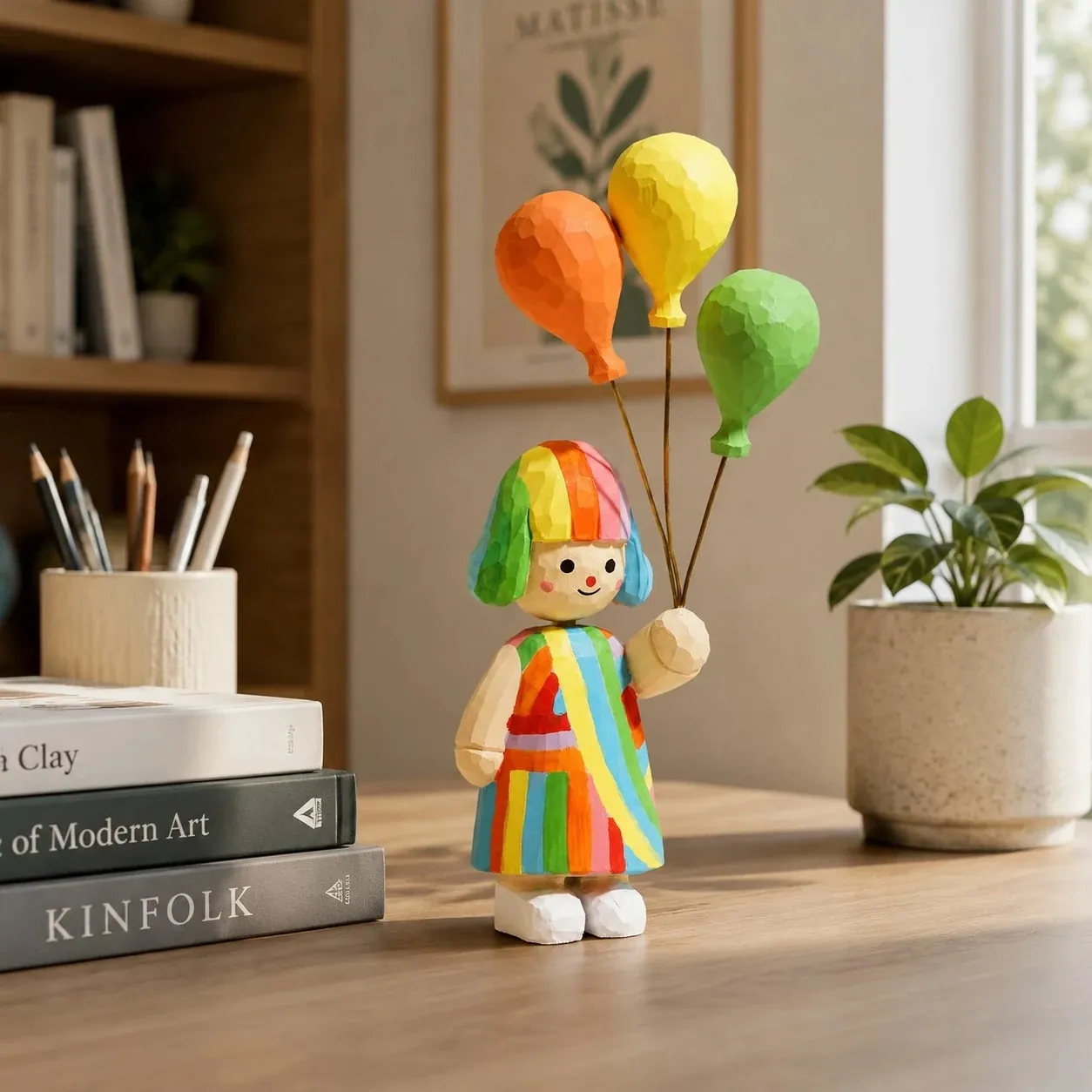 Figurine displayed on a bookshelf desk