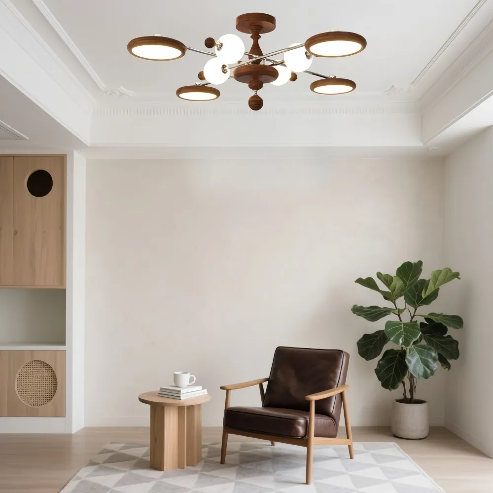 Walnoot Sputnik Plafondlamp - Retro Vertakte Lamp voor Slaapkamer HL1325