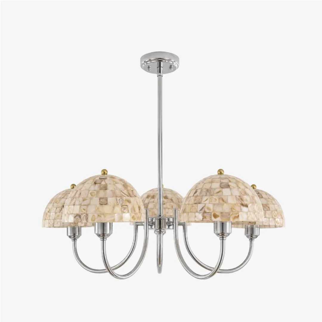 Beige shell five-light chandelier on a clean white background