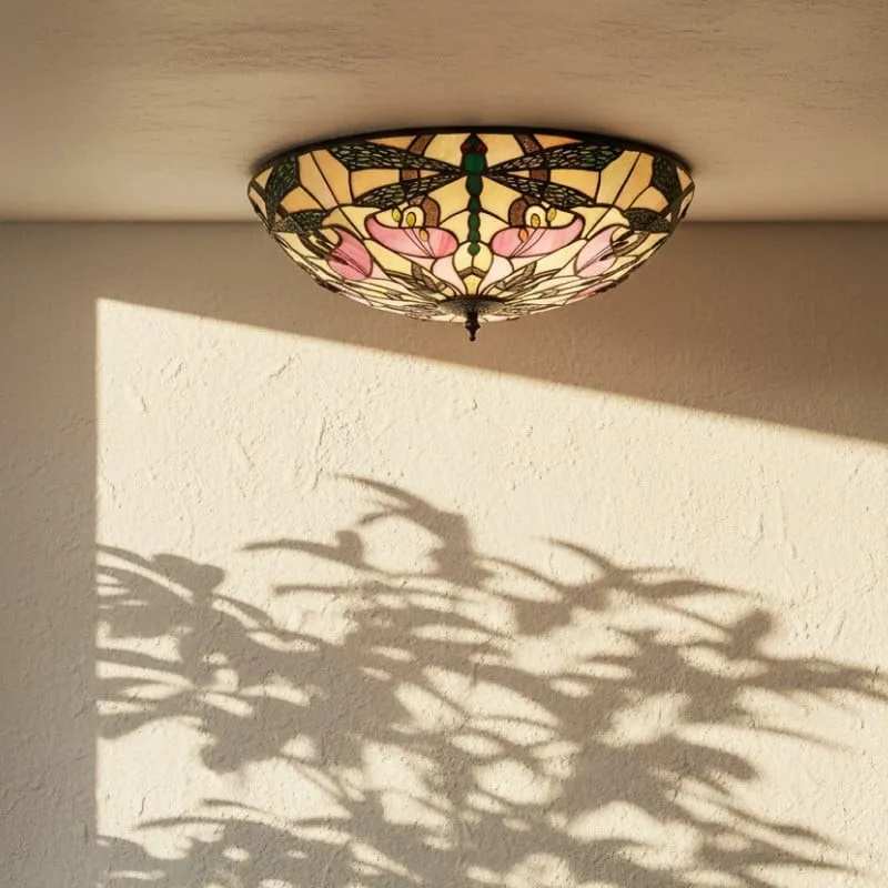 TF Ashton Tiffany glazen plafondlamp met libellemotief - overgangsstijl voor slaapkamers en woonkamers HL2256