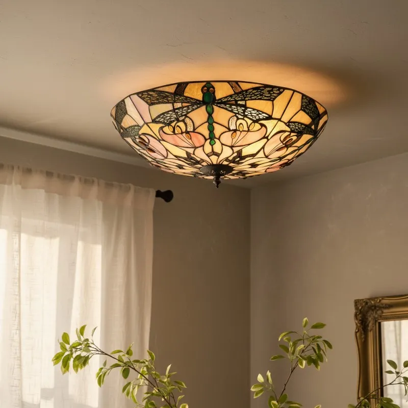 TF Ashton Tiffany glazen plafondlamp met libellemotief - overgangsstijl voor slaapkamers en woonkamers HL2256