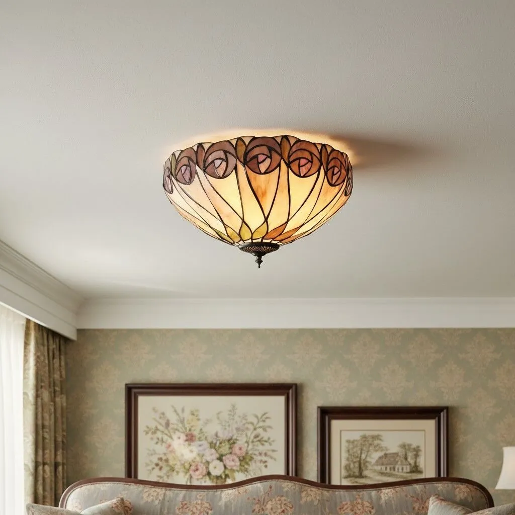 TF Hutchinson Tiffany Plafondlamp - Elegante vintage glazen lamp met bloemenmotief voor eetkamer of gang HL2251