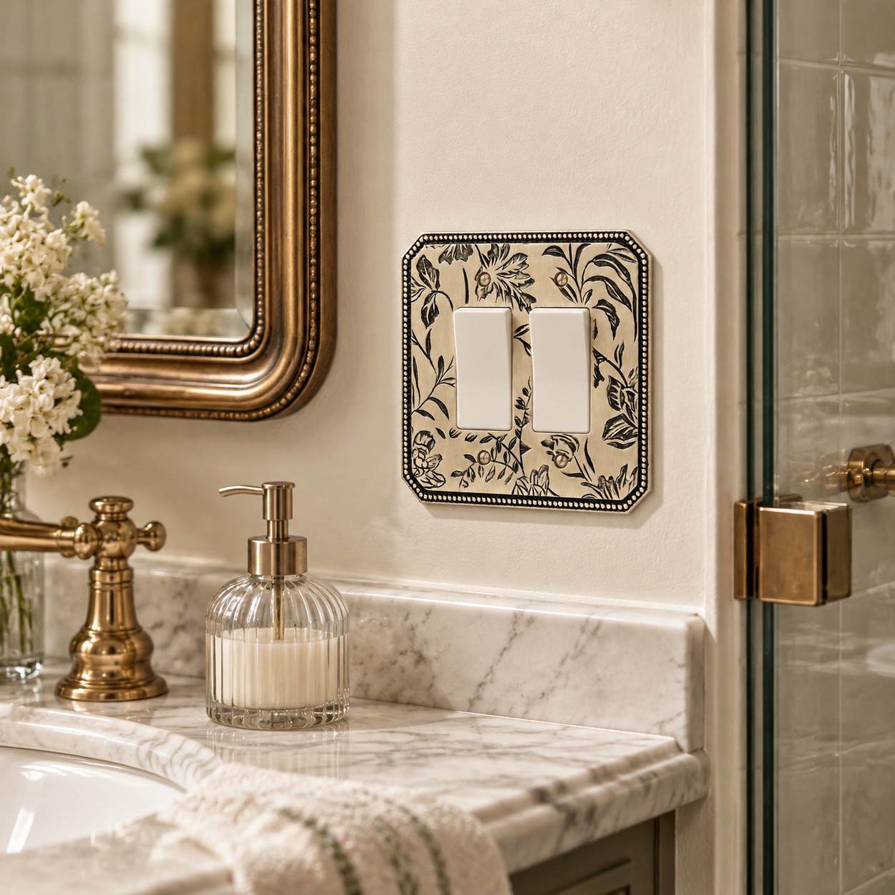 Antique silver double rocker plate in a marble bath
